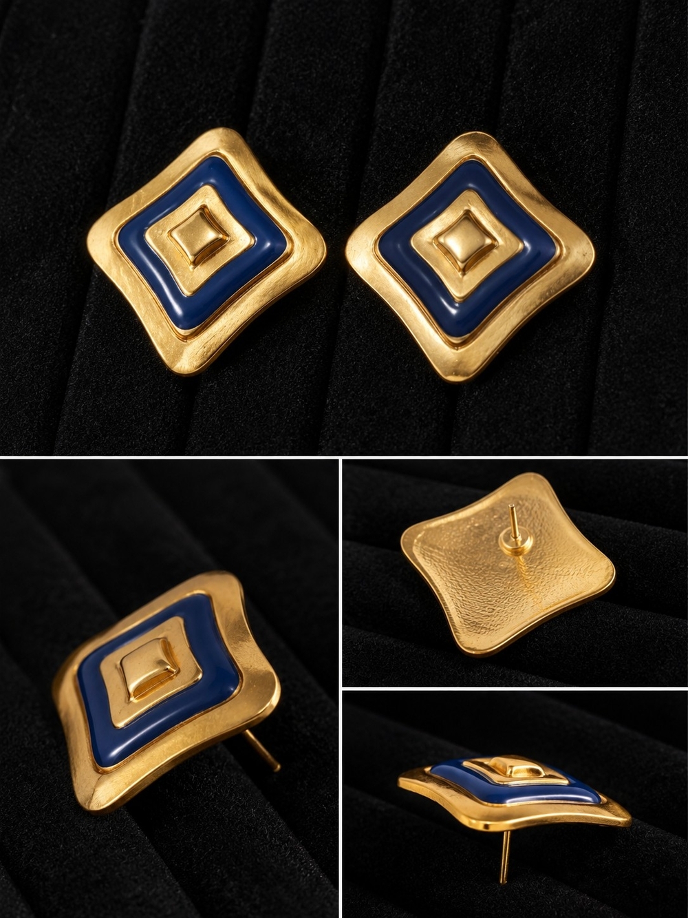 Vintage 1980s Gold Tone Blue Enamel Geometric Statement Pierced Earrings